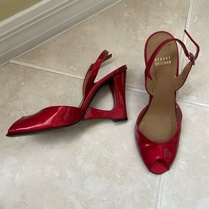 Stuart Weitzman Red Patent Leather Open Toe Slingback Hollow Heels